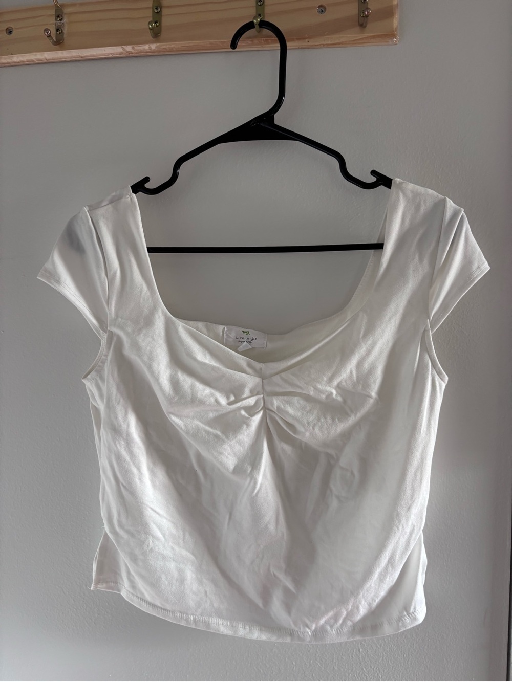 Scoop Neck White Cap Sleeve Crop Top with Front Gather